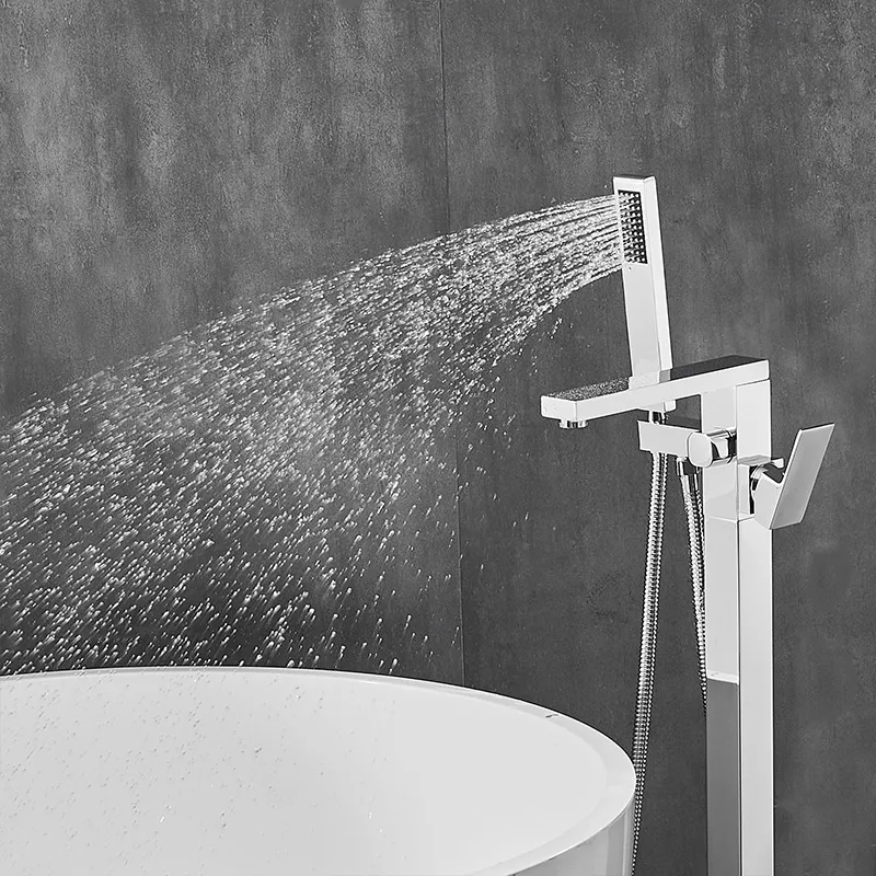 Single Handle Gold Polished Floor Mounted Freestanding Square Standing Bath Tub Shower Faucet Taps for Bathroom