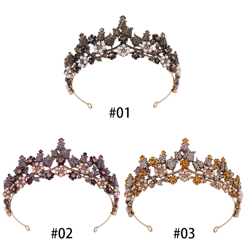 Retro Style Colorful Floral Crown With Diamond Antique Gold Rhinestone Tiaras For Queens Pearls Bridal Hair Accessories Luxury
