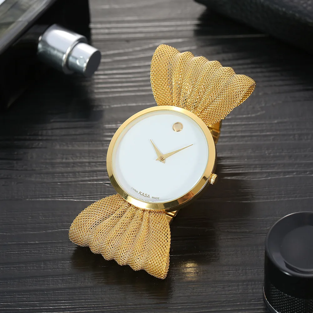 Hifive Luxury Large White Dial Gold Plated Bridal Wrist Watch Wedding Jewelry Rhinestone Ethiopia Fashion Ladies Quartz Watches