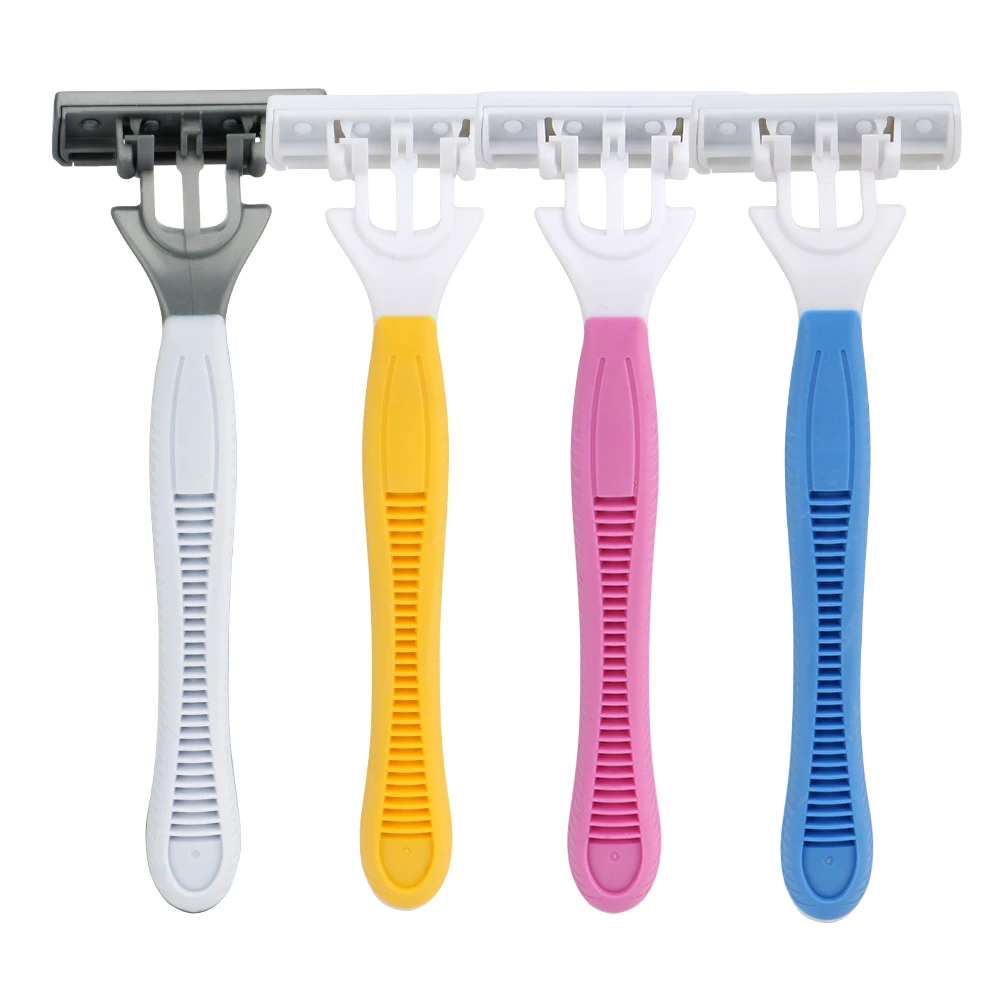 Triple Blade Disposable razor with Long Rubber Handle for Wet Body Shaving