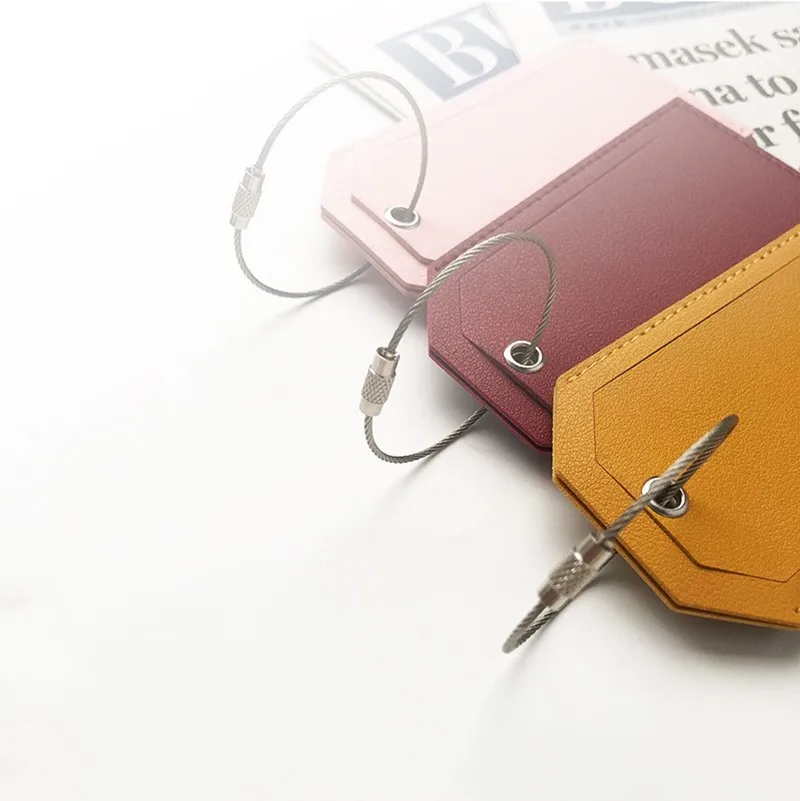 Custom Logo PU Leather Travel Luggage Tag Baggage ID Name Labels With Metal Hang Ring