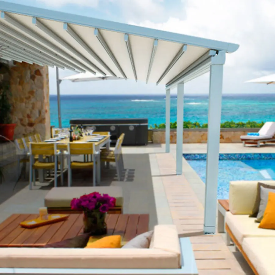Retractable folding pvc pergola roof system for restaurant and outdoor