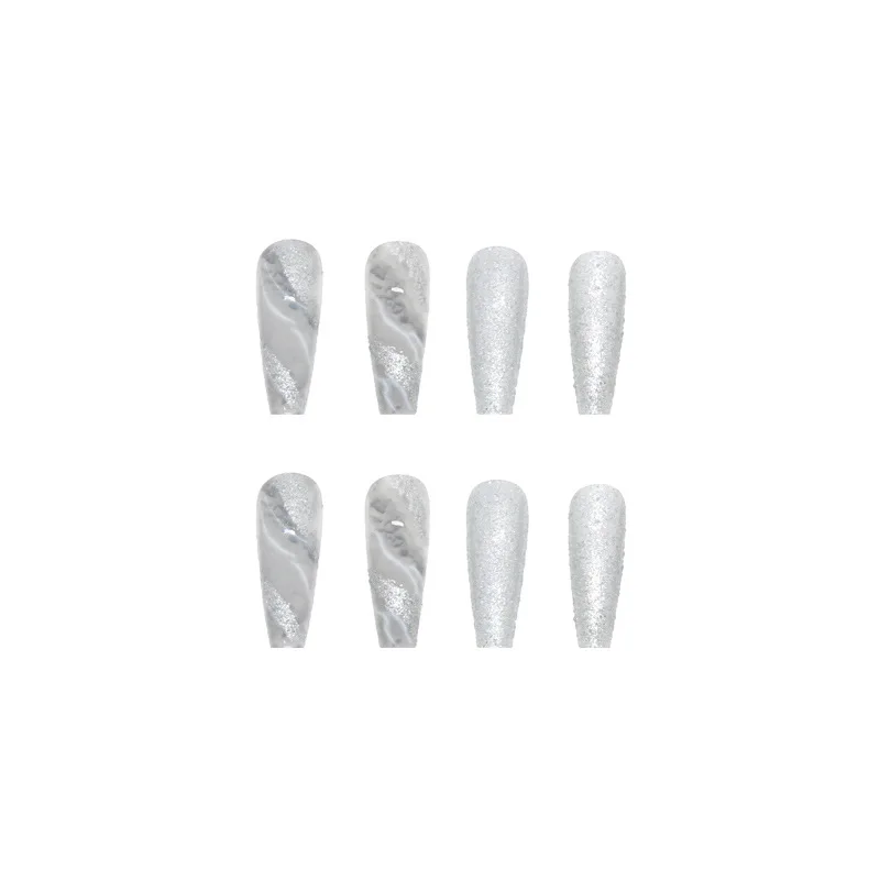 Succsion Hot Sale High Quality Ballerina Gray Marble Long Luxury Press on Nails 24PCS Fake Nails for Nail Beauty