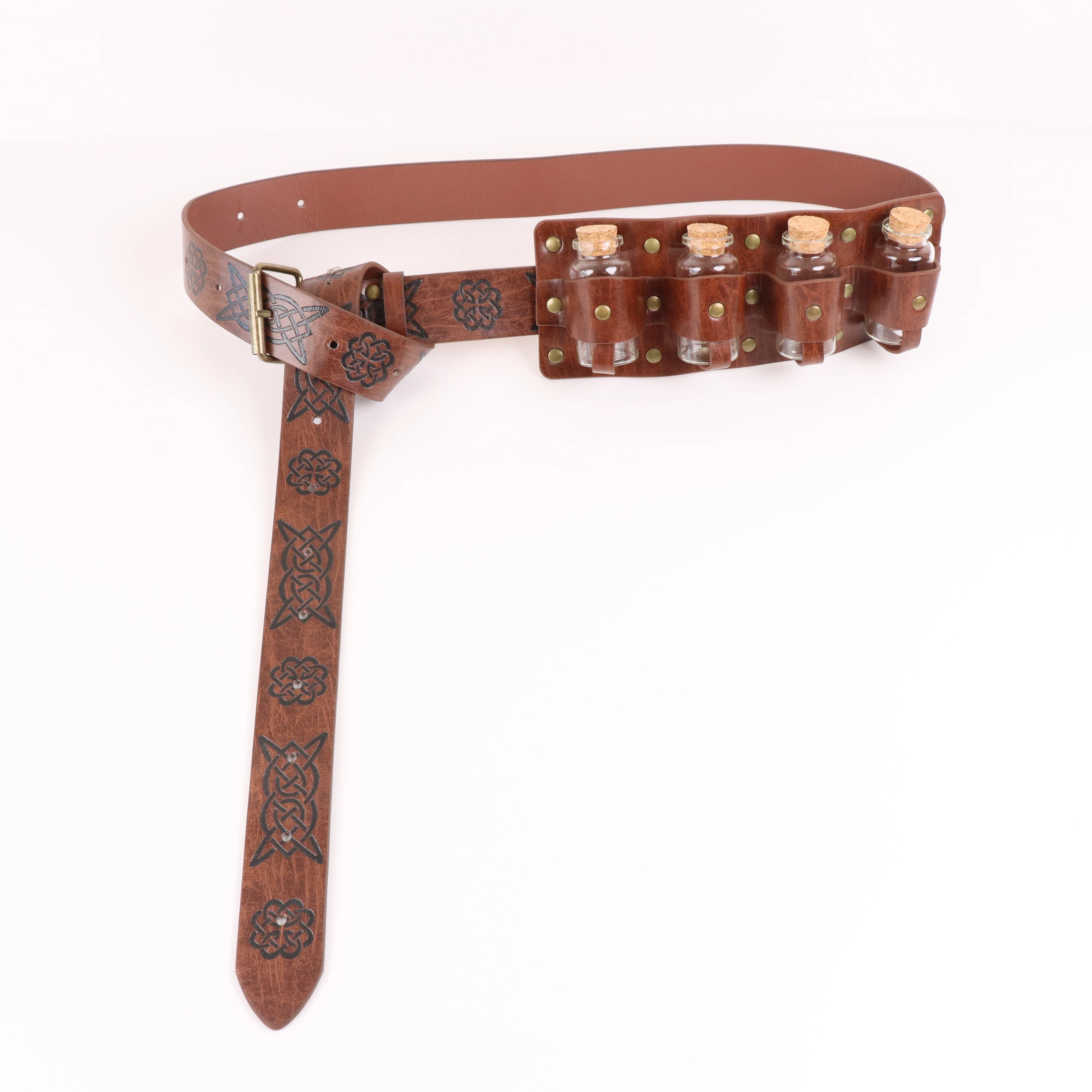 Medieval Embossed Alchemy Faux Leather Buckle Belt with 4 Cork Vials, Fantasy Wizard Potion Bottles Belt