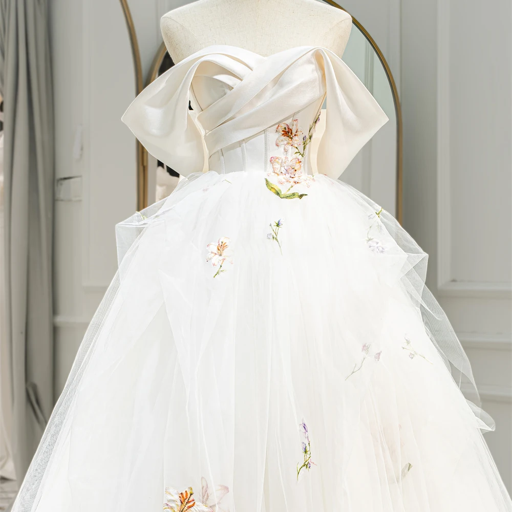 Lily Embroidery Tulle Satin Pleated Off Shoulder Wedding Bride Gown Gowns for Bride RL300-2