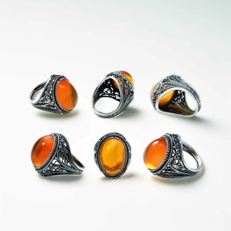 New Custom Trendy Retro Hipster Male Amber Oval Natural Stone Personality Punk Ring Designs For Men Jewelry