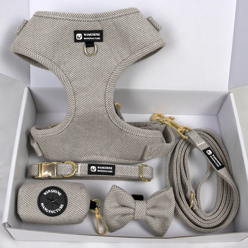 Personalized No Pull Tweed Pet Dog Harness Leash Lead Collars Set Custom Logo Wholesale Manufacturers Luxury pet boutique