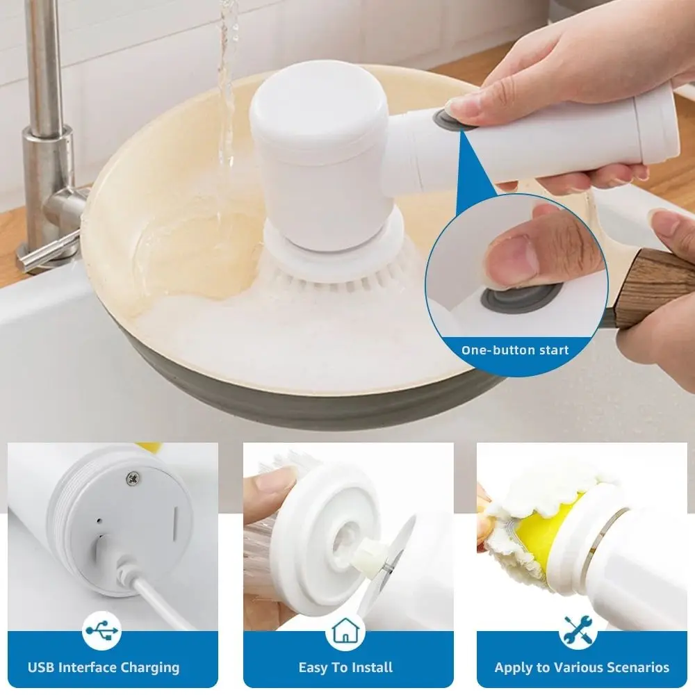 Kitchen Cleaning Tool USB 5 in 1 Cleaner Bathroom Bathtub Clean Brush Spin Scrubber Electric Cleaning Brush to Dishwashing Sink