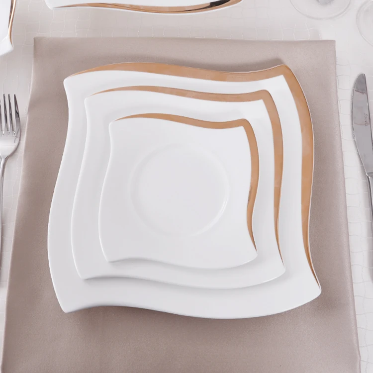 P&T Elegant Bone China Dinner Plate Ceramic ,Wholesale Event  Square Plates Golden Ceramic Dinner Plate Set for 5 stars hotel