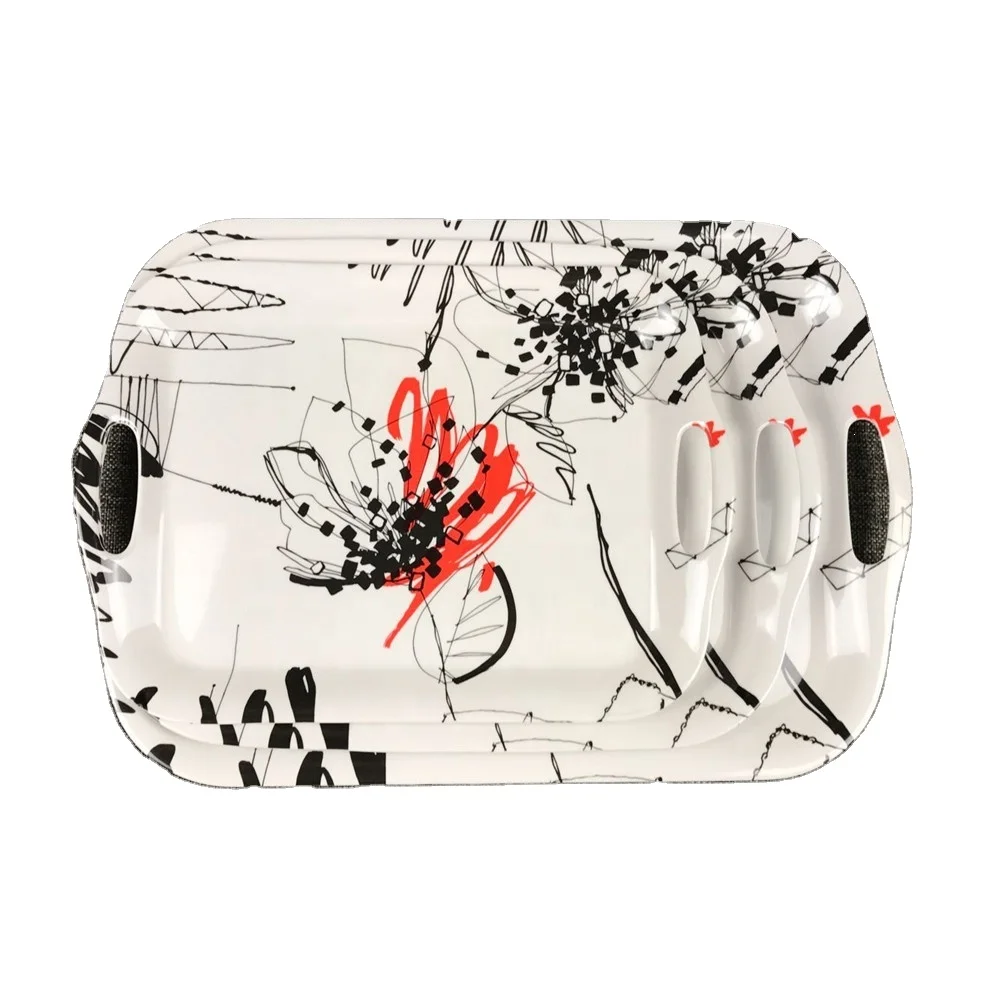 Melamine print hotel room holding display trays