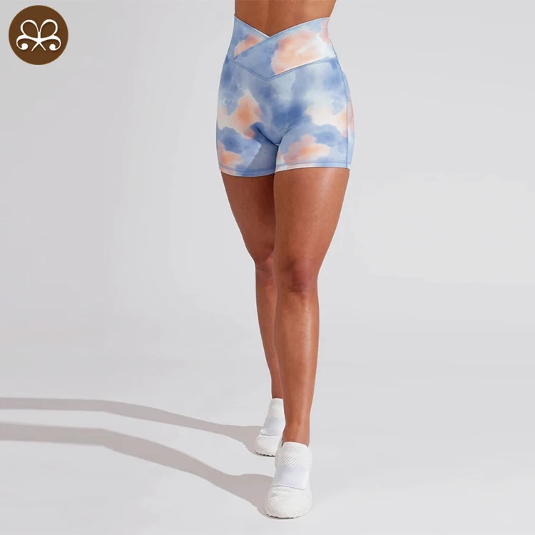 Wholesale custom V waistband no front seam custom gym sports tie dye biker shorts