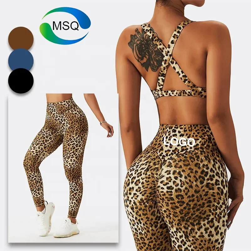 2023 Custom Sportswear Yoga Women Two Piece Workout Sexy Animal Print Push Up Bra Scrunch Leggings Plus Size Gym Fitness Sets