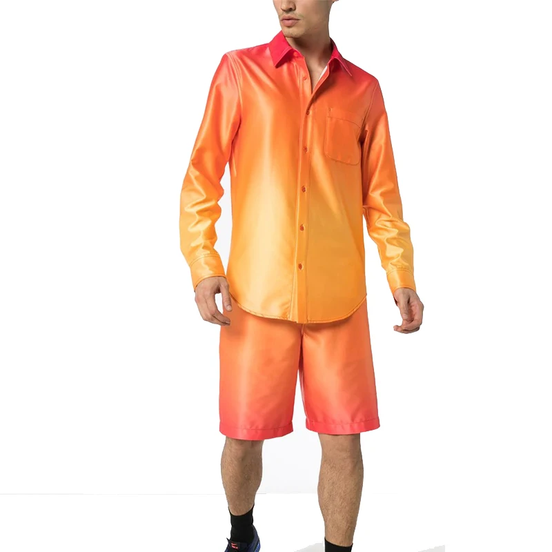 Gradient Satin Shirts for Men Custom High Quality Orange and Yellow Casual Shirts Long Sleeve Gradient Shirt Full Satin Fabric