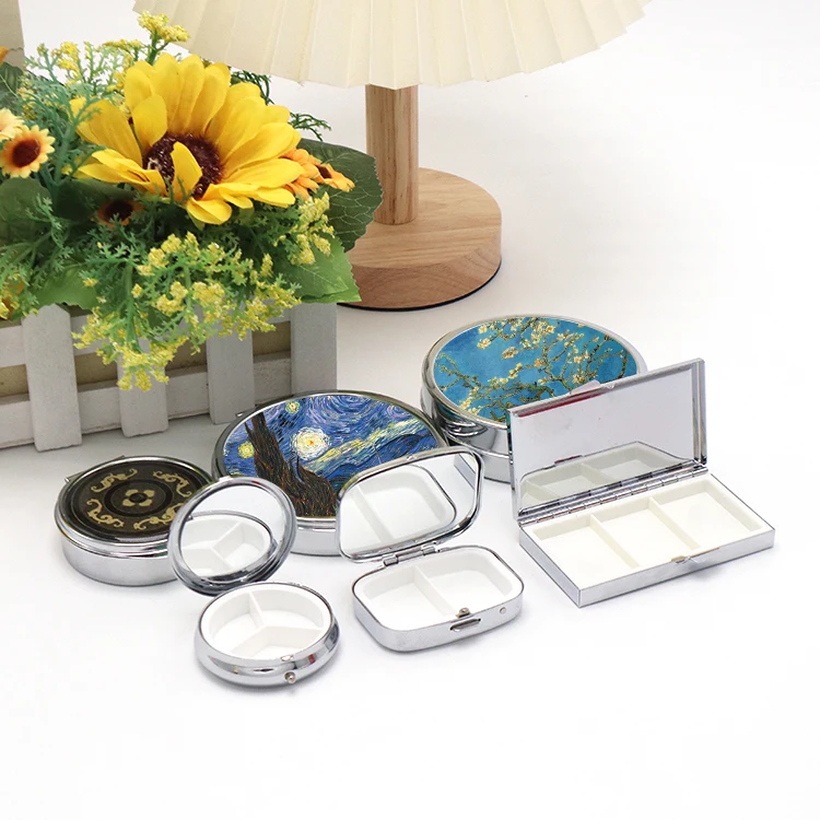 New Arrival Medicine Organizer Portable Pill Box Makeup Storage Container Folding Pill Case Metal Pill Cutter With Mirror