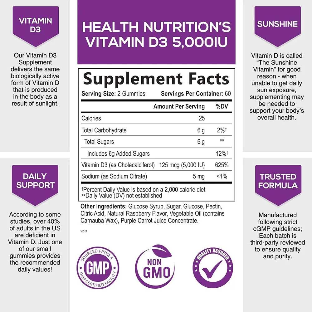 2024 Vitamin D3 Gummies for Bone and Immune System Support Multiple Fruit Flavored Options OEM Private Label