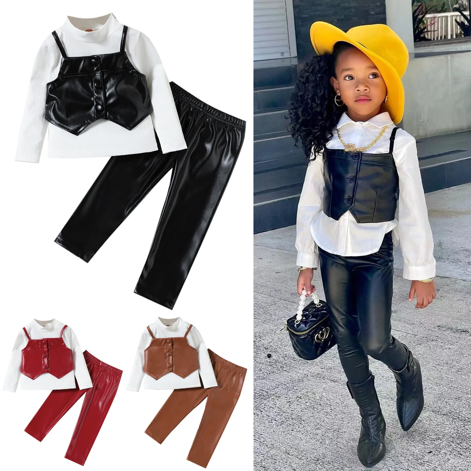 Fall New Slim PU Leather Pants Girl Clothes White Shirt PU Small Vest Kids Clothing 3-Piece Leisure Clothing Sets