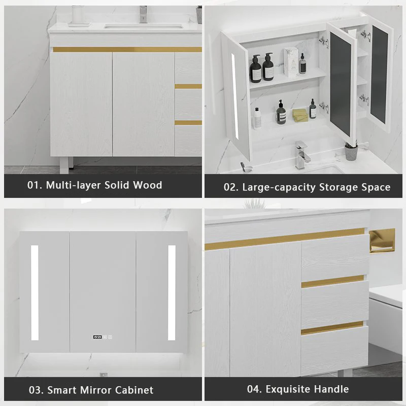 Hotel Washroom Furniture Luxury Solid Wood Floor Mount Bathroom Vanity Units Waterproof Bathroom Cabinet with Smart Mirror