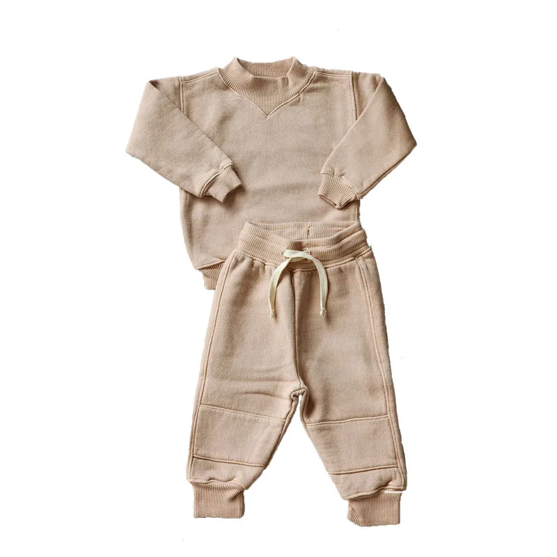 Custom Kids Winter Warm Tracksuit Set Boys Fleece Cotton Relaxed Fit Swat Suit Ribbed Neck Pullover Sweaters Toddlers 2 PCS Set