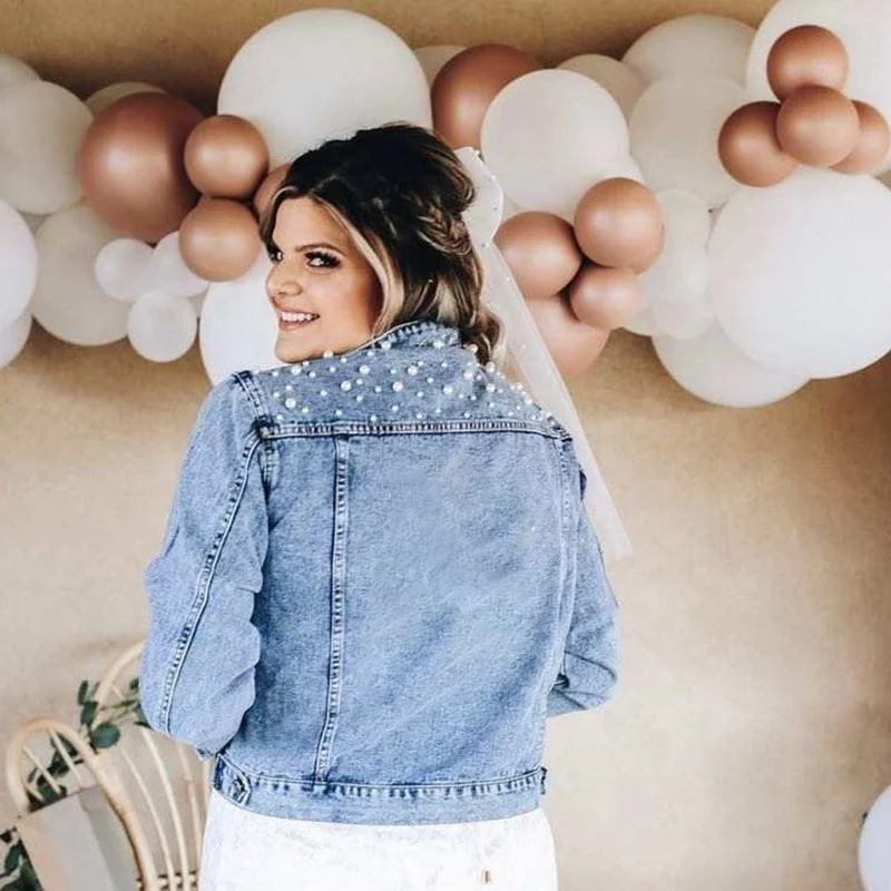 Spring Autumn Basic Coats Women Bridal Denim Pearls Beading Fashion Jean Pearl Jacket