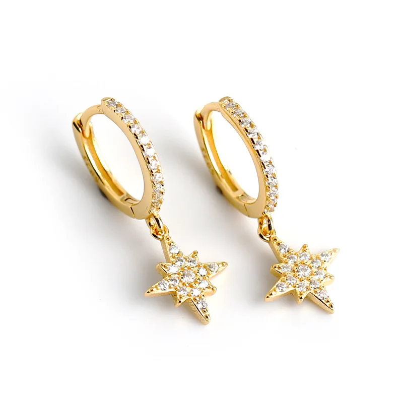 Shiny Star Zircon Hoop Earrings 18K Gold 925 Sterling Silver Earring Women Fashion Jewelry