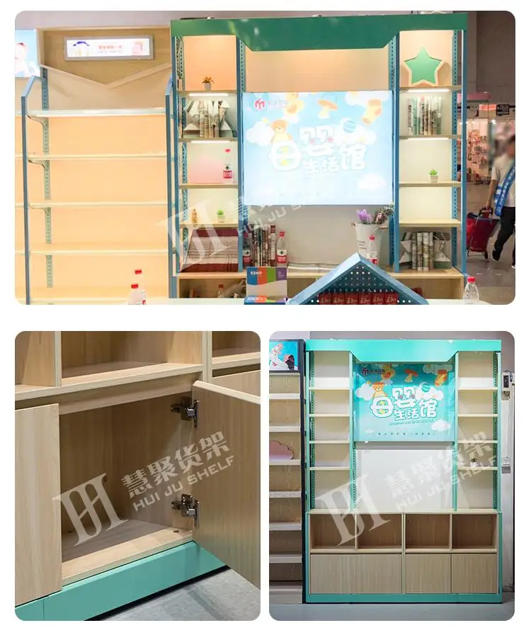Meicheng индивидуального размера, односторонняя деревянная витрина, полки для супермаркетов, настенная полка для хранения со шкафом