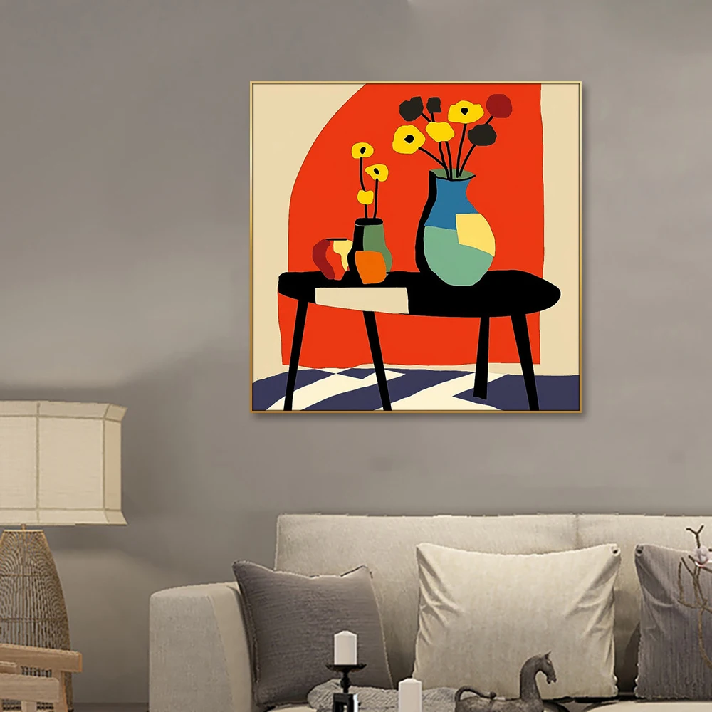 Square Contemporary Abstract Realism Wall Art Large Beautiful Vase with Bright Paintings Linen Material Oil Medium Cotton Base