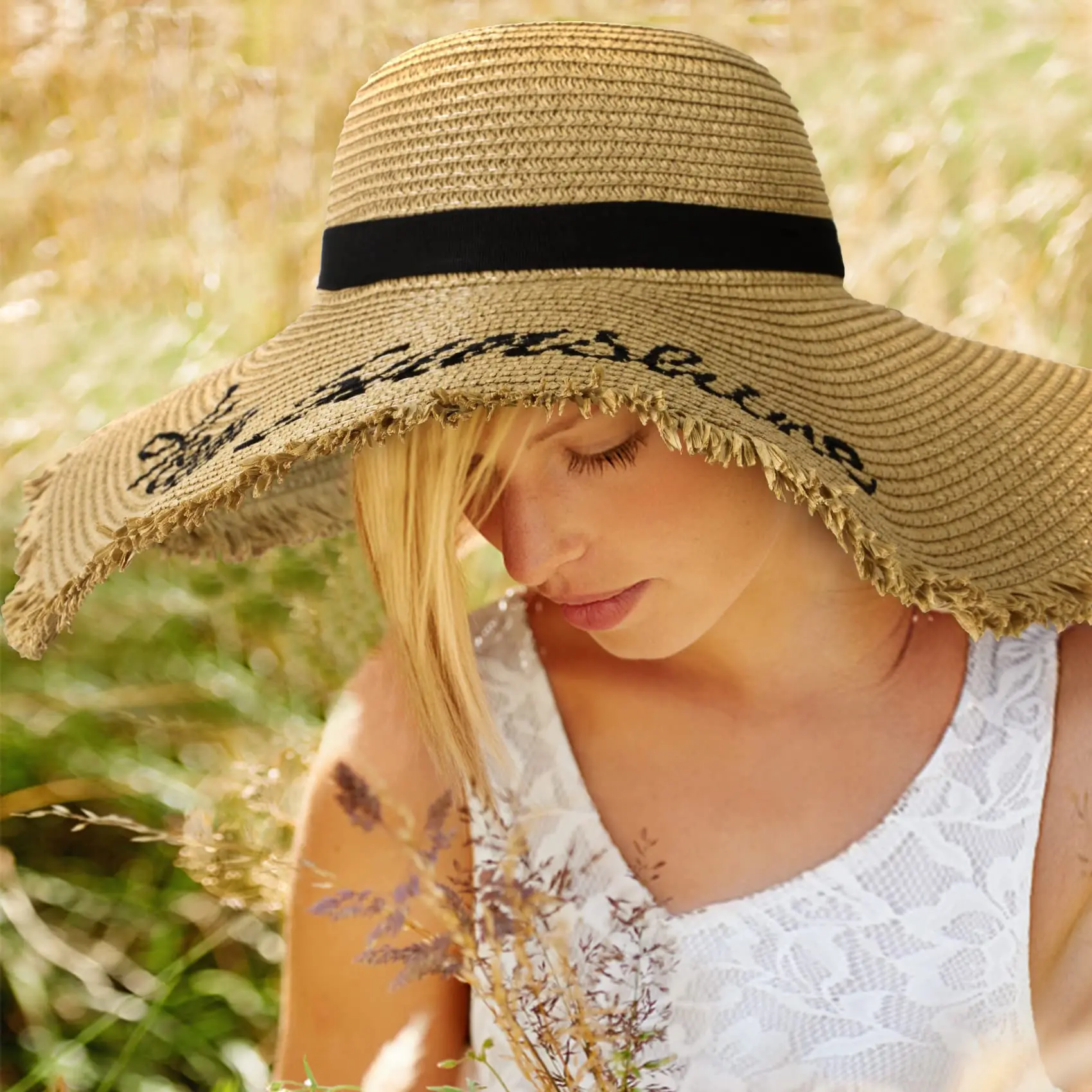 UPF 50+ UV Protection Embroidered Womens Sun Hat Beach Hats For Women Wide Brim Foldable Floppy Straw Hat