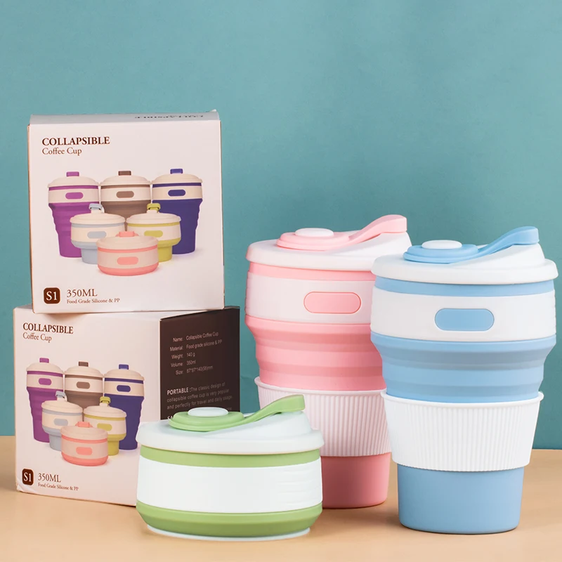 Travel mug 500ml silicon foldable  folding cup silicone reusable water coffee mug cup with lid and straw