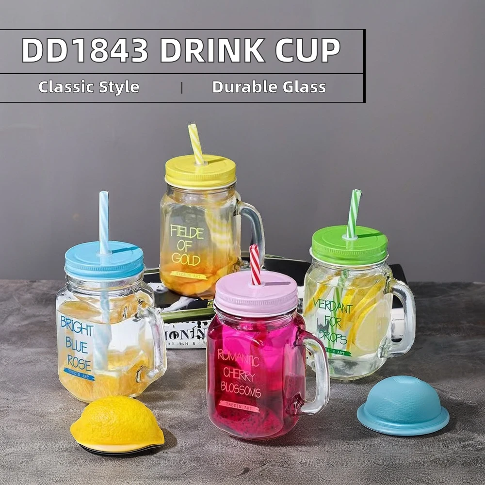 DD1843 16 oz Clear Drinking Glasses Cups with Handles Lid Straw for Iced Coffee Tea & Smoothies for Parties Glass Mason Jars