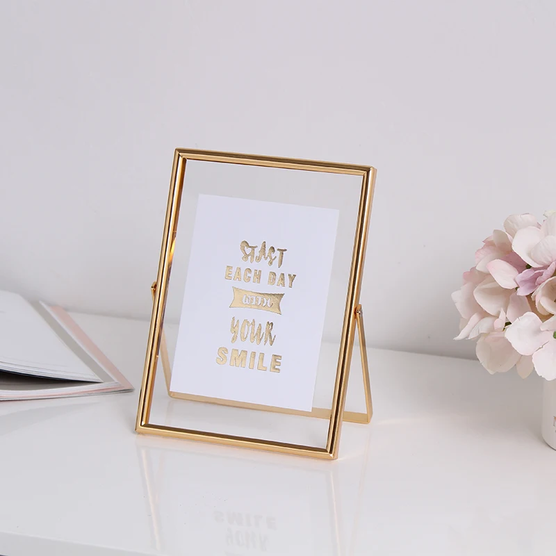 
5x7 Antique Gold Vintage Style Brass and Glass, Metal Floating Desk (Vertical) Picture Frame for home decoration 