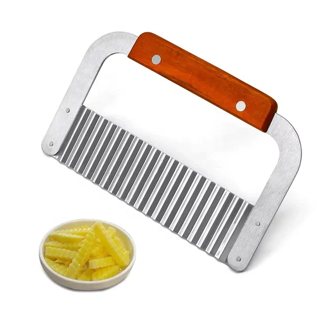 French Fry Slicer Stainless Steel Blade Wooden Handle Vegetable Salad Chopping Knife