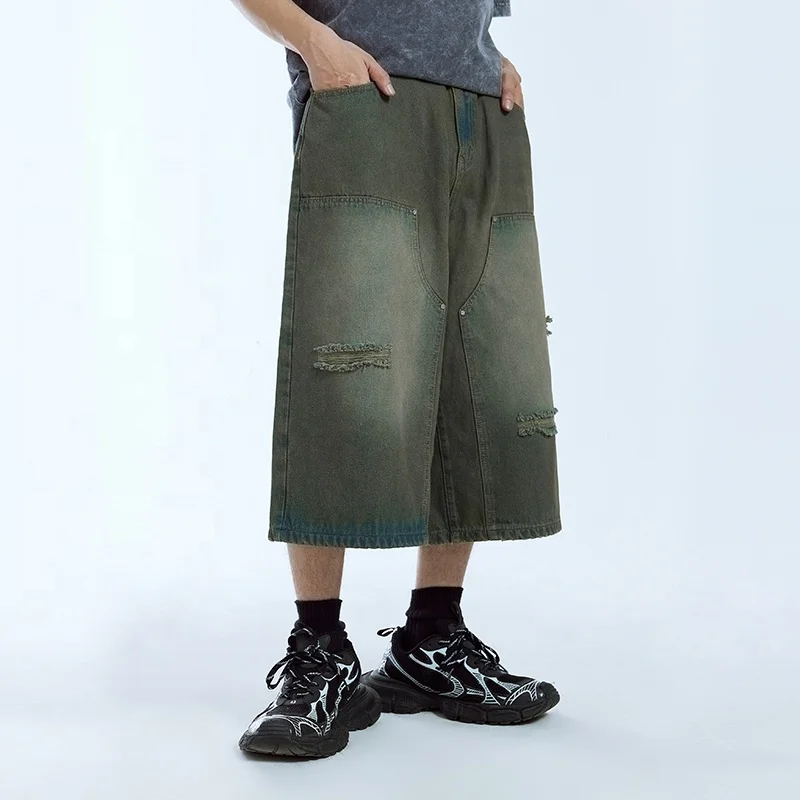 INFLATION Ripped Seven Denim Shorts Jean Men Double Knee Streetwear Manufacturer Hip Pop Jean Shorts