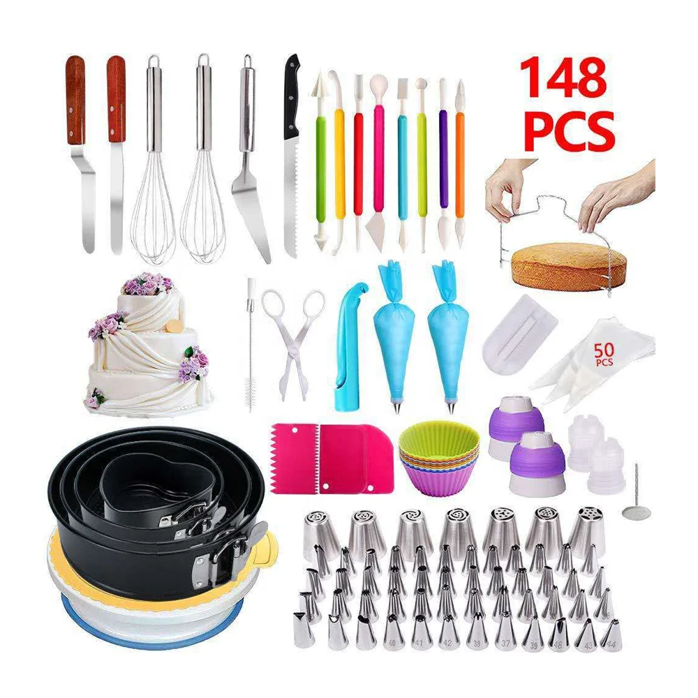 Kingwise 148 Pcs Cake Decorating Tools Icing Piping Tips Nozzle Converter Pastry Cream Bag Baking Springfoam Pan Set