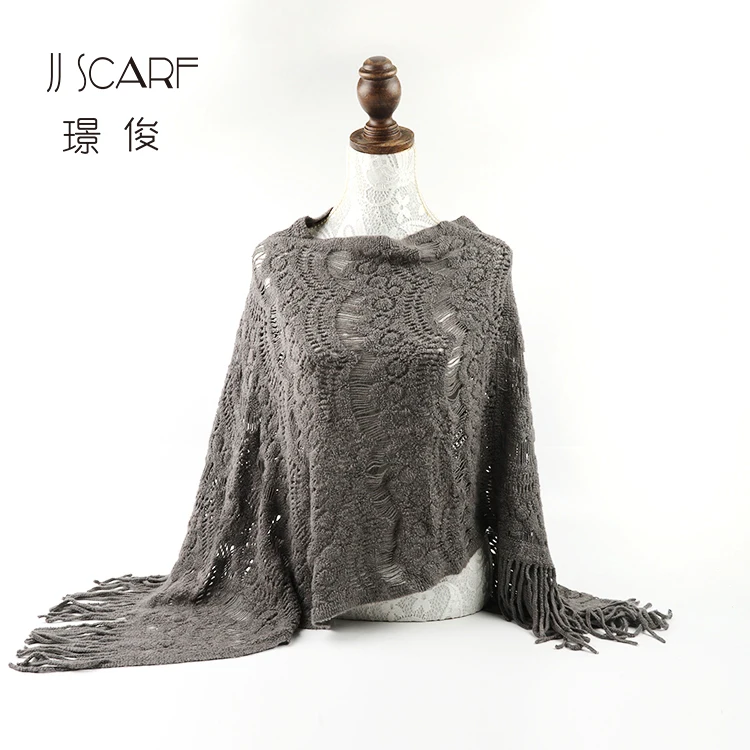 Tassel long dark grey egypt knitted poncho acrylic shawl for women