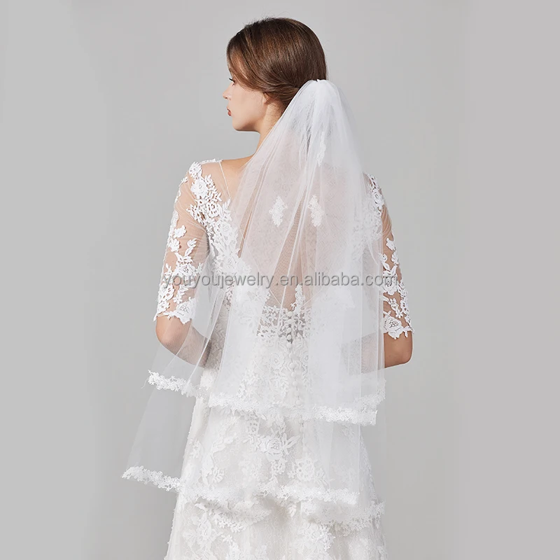 Wholesale Two-Layer Church Cathedral Long Bridal Veil Soft Tulle Embroidery Flower Wedding Veil With Comb