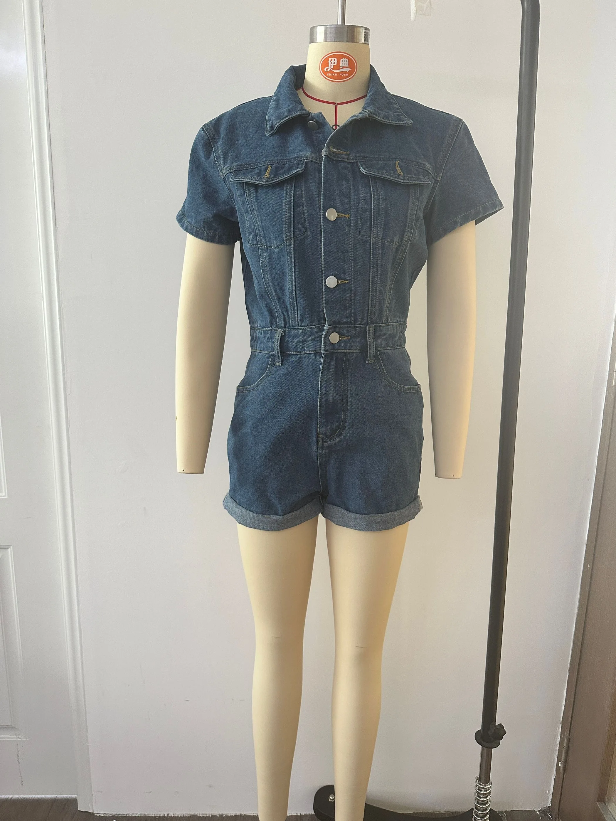 Ready to ship S-XL high quality cotton sky blue denim jeans women rompers short jumpsuit