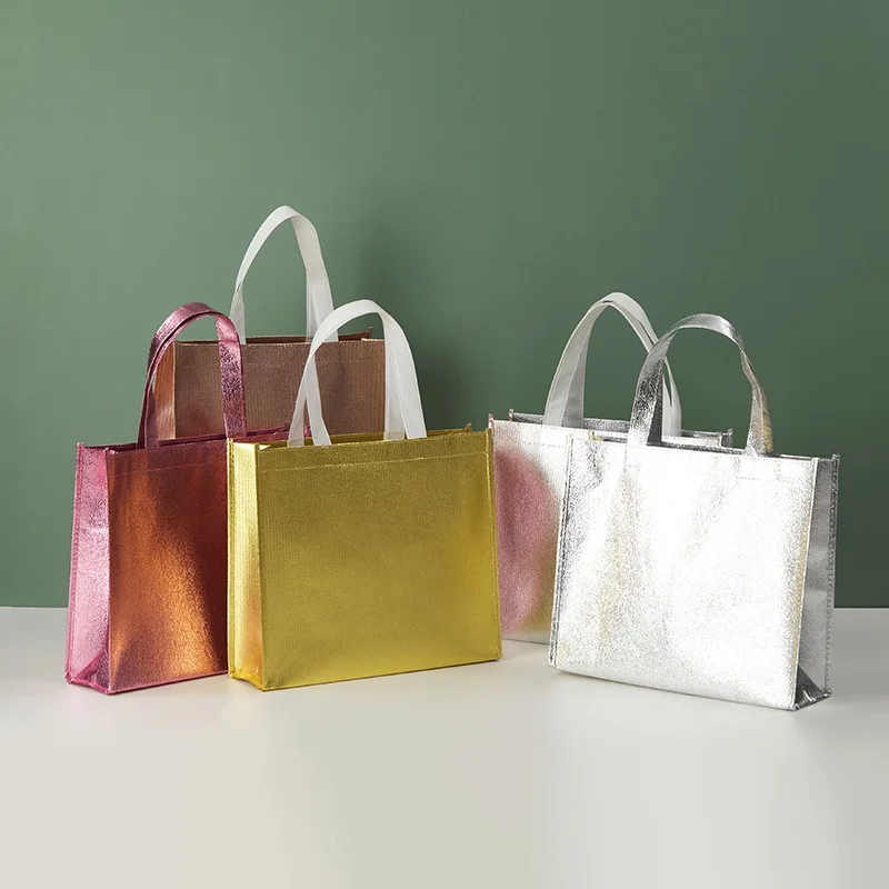 Custom Logo Reusable Fashion Pink Holographic Metallic Laminated Non Woven Iridescent Gift Tote Bag With Logo