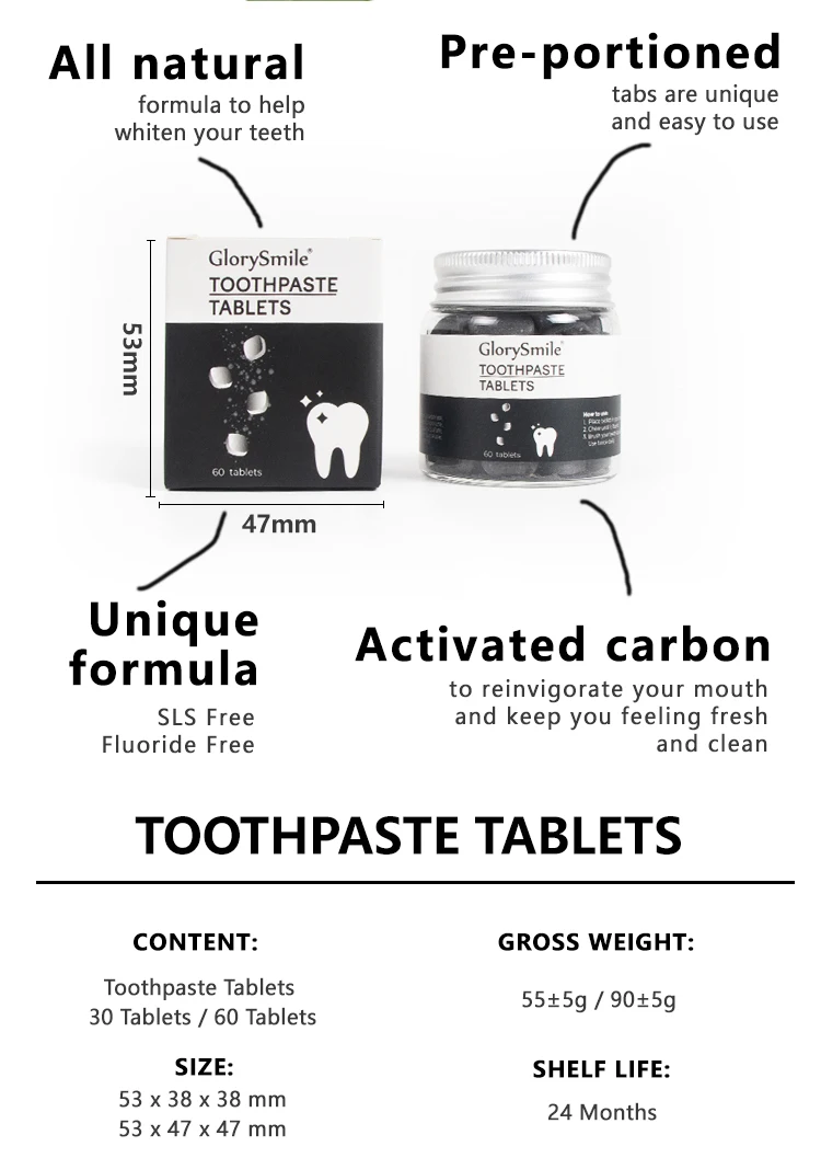 Wholesale Activated Charcoal Toothpaste 30 Pcs Teeth Whitening Powder Tablets Eco-friendly