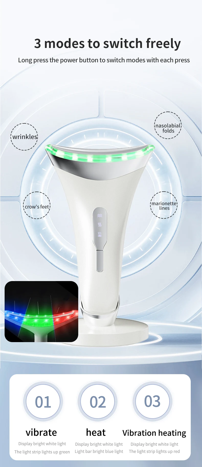 Mini Handheld LED Light Therapy Massager Anti-Aging Wrinkle Skin Lifting U Shape Device with USB Plug for Facial Neck Uplifting
