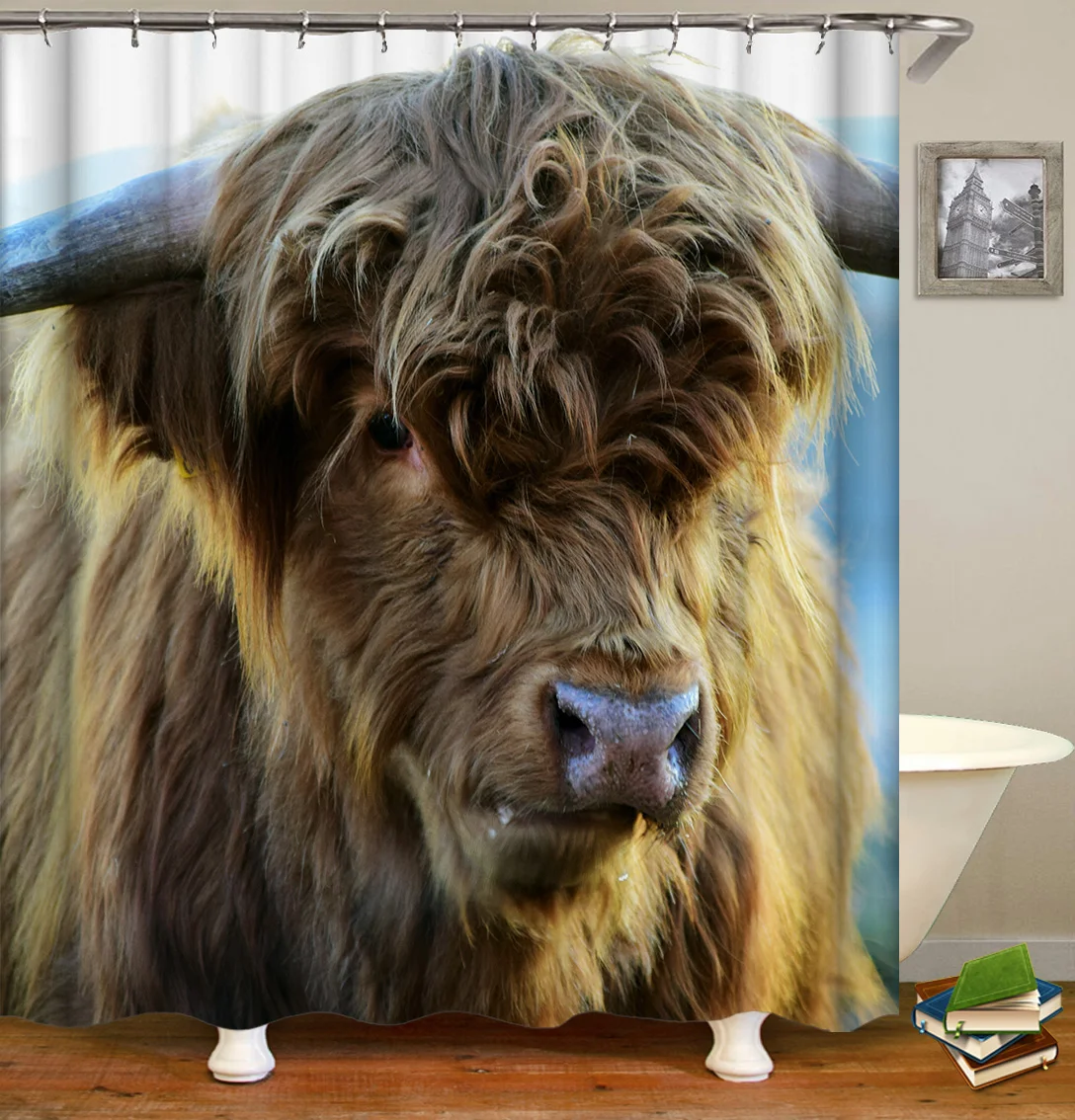 Highland Cow Theme Shower Curtains 3D Print Waterproof Cloth Wildlife Animal Bathroom Curtain#