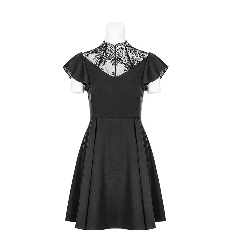 
OPQ-333 PUNK RAVE gothic lace stitching V-collar casual dresses women summer dress black 