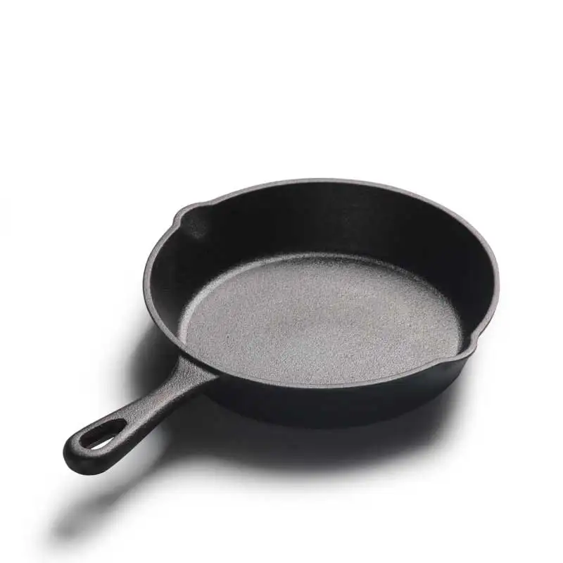 High quality 10/14/16/20/26cm mini safety iron metal pot thicken flat bottom uncoated non-stick frying pan with wooden mat