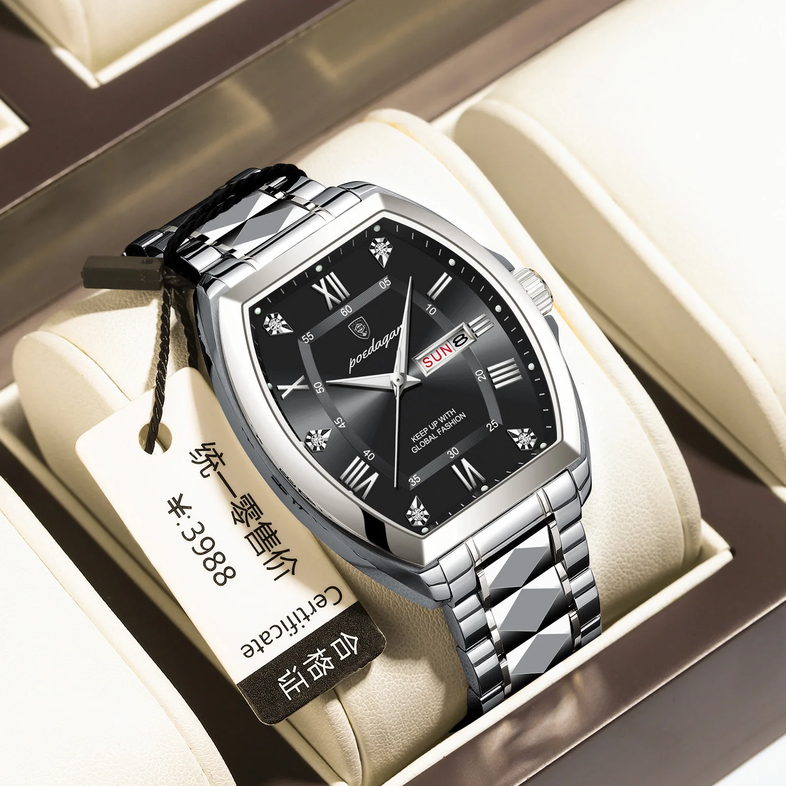 POEDAGAR 958 Luxury Watch Stainless Steel Luminous Waterproof Date Week Mens Watches Tonneau Case Quartz Watches Reloj 2024 New