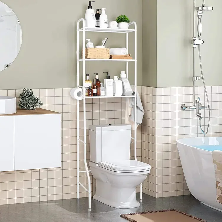 3-Tier Over-The-Toilet Freestanding Bathroom Spacesaver Standing Type Storage Rack with Hooks above Toilet Installation