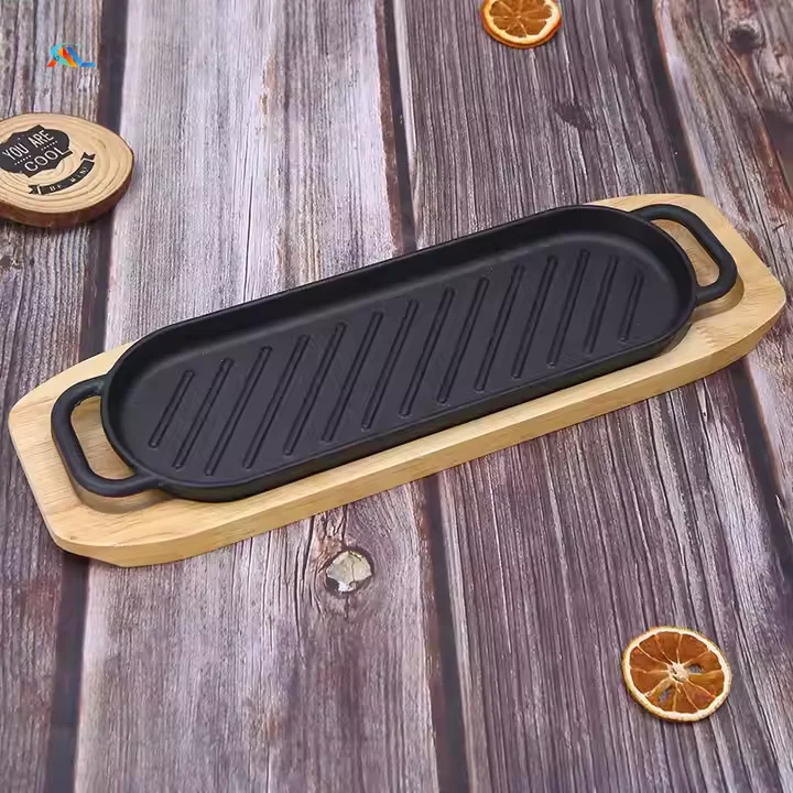 Kitchen Cookware 22/30/38cm Cast Iron Steak Pan Grill Pan Cooking Plate with Wooden Tray