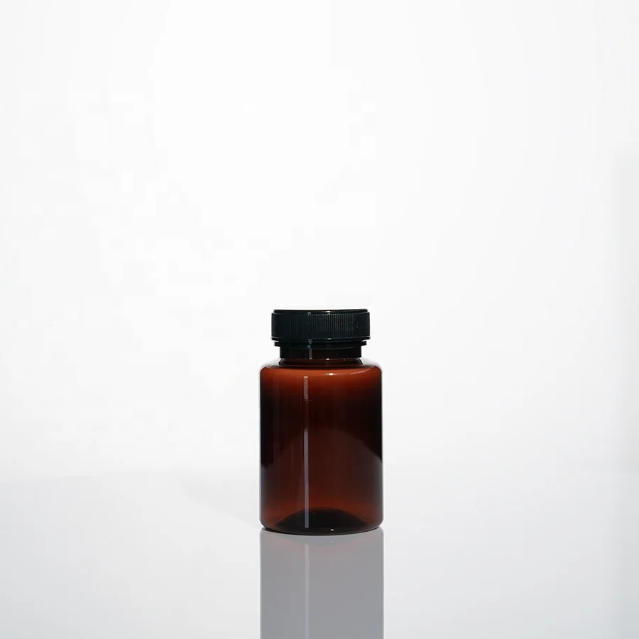 120cc 175cc dark amber PET bottle with black ribbed screw cap