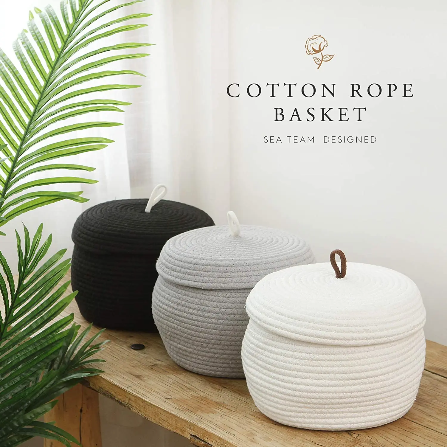 QJMAX Collapsible Decorative Woven Round Cotton Rope Storage Basket With Lid