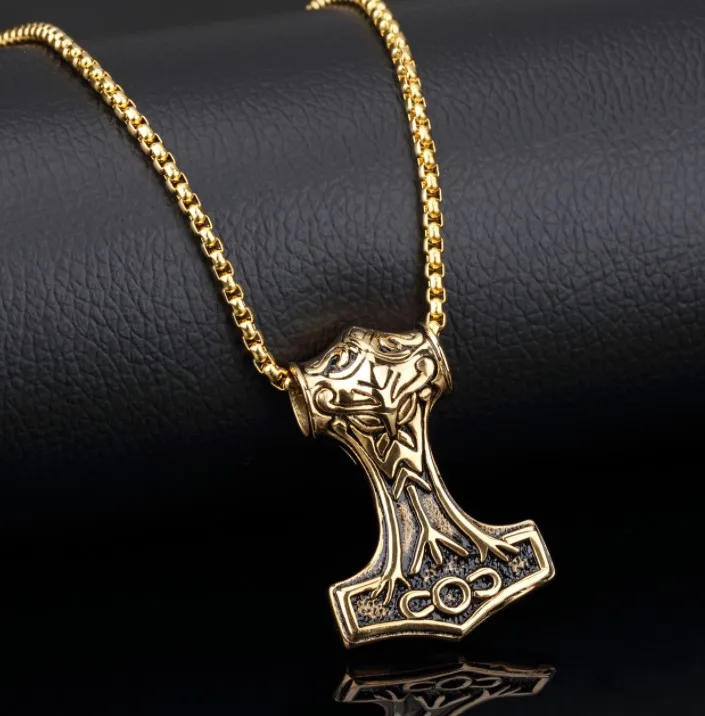 Cool stainless steel mens  gold jewelry necklace thor hammer necklace