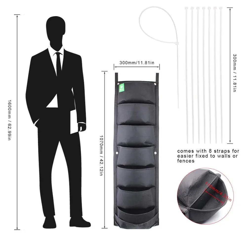 Green/Black New Upgraded Deeper and Bigger 7 Pocket Hanging Vertical Garden Wall Planter for Yard Garden Home Decoration