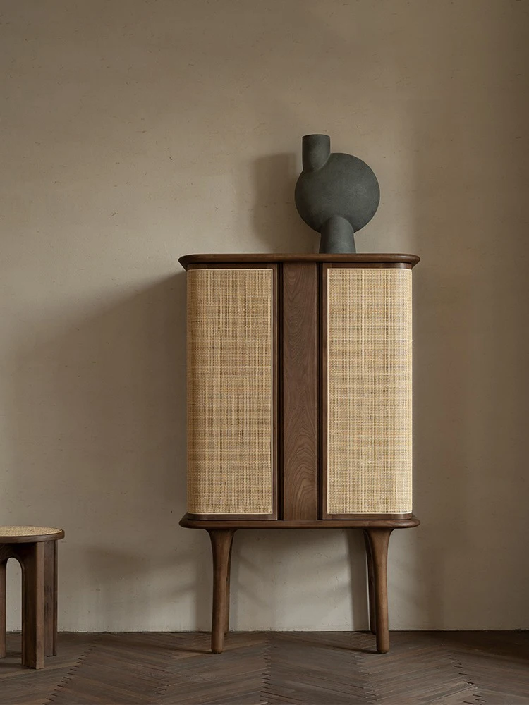 Modern high end ash solid wood storage cabinet living room walnut wood color  wine cabinet real rattan black double door cabinet